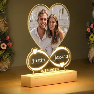 Personalized Heart Shape Acrylic Plaque with Photo, Custom Photo Night Light with unique design, Picture Frame with Colorful Wooden Night light, Custom Valentine's Day Gift for girlfriend boyfriend lover, Anniversary Gift