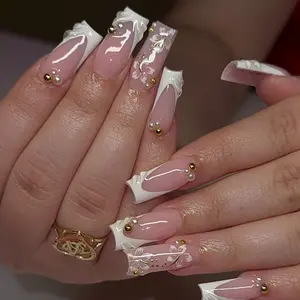 24pcs Medium Square French Gel Nails, Floral Pattern, Pearl Decor, Glossy Finish, Easy Wear Acrylic False Nails Set, French Nail Art