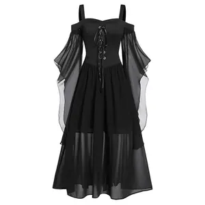 Women's Gothic Punk Dress Cold Shoulder Butterfly Sleeve Christmas Cosplay Party Dress