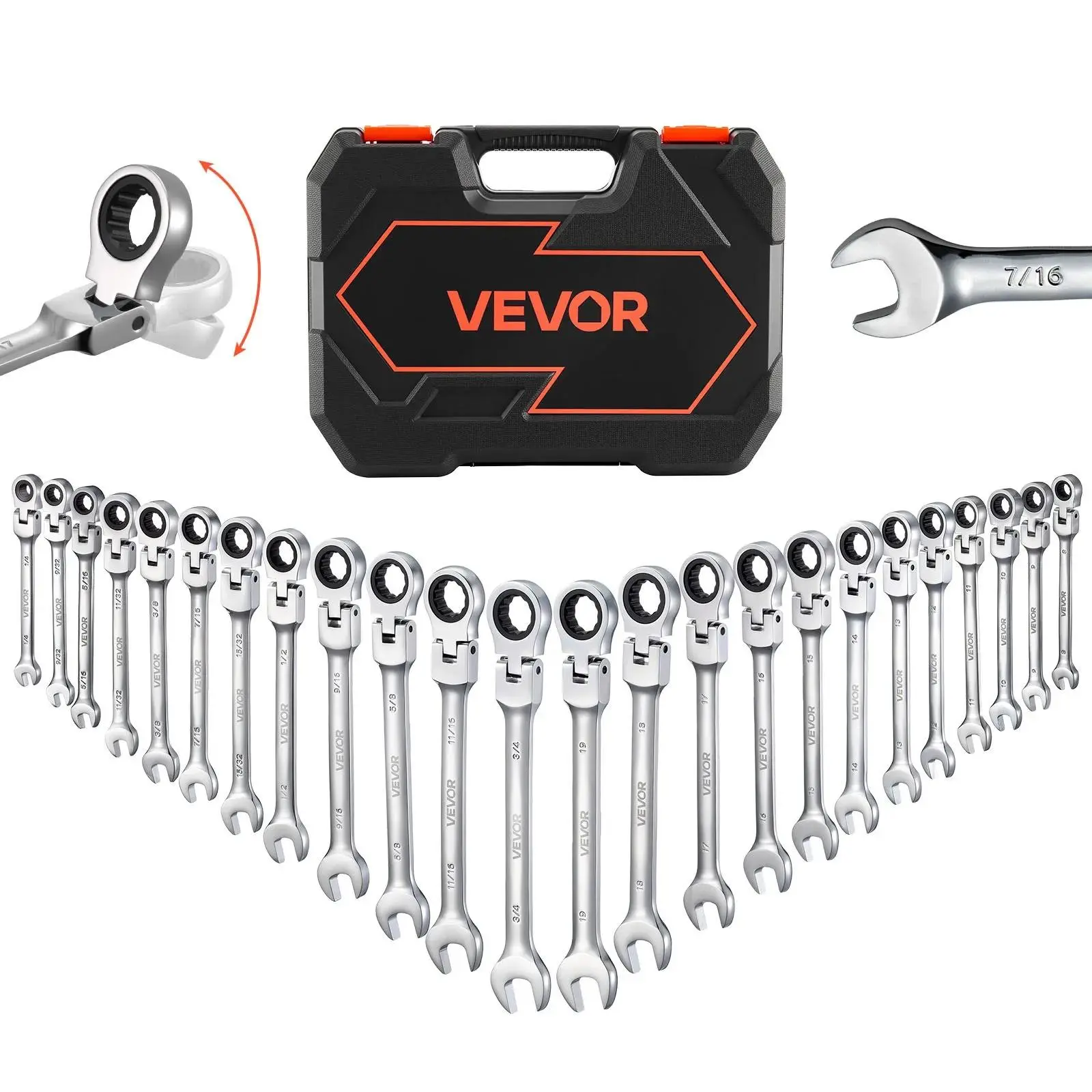 【summerfinds】VEVOR 24-Piece Flex-Head Ratcheting Wrench Set - SAE & Metric, 72-Teeth Cr-V Steel Flexible Combination Wrenches with Storage Case, Work Tools for Household & Automotive Repairs, Silver (Father’s Day Gift),father'sdaygifts