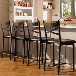 Gaomon Barstools Set of 4, 26" Black Counter-Height Bar Stools with PU Upholstered Seat, Metal Frame, X-Design Back and Footrest for Kitchen Island, Counter Bar