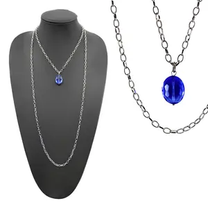 Crystal Layering Chain Necklace with Blue and Silver Beads 48" 6mm Stainless Steel Chain Royal Blue Crystal Magnetic Clasp for Adults