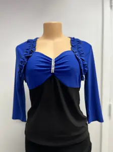 Blue Long Sleeve Blouse with Rhinestone Accent and Black Bottom Half Top