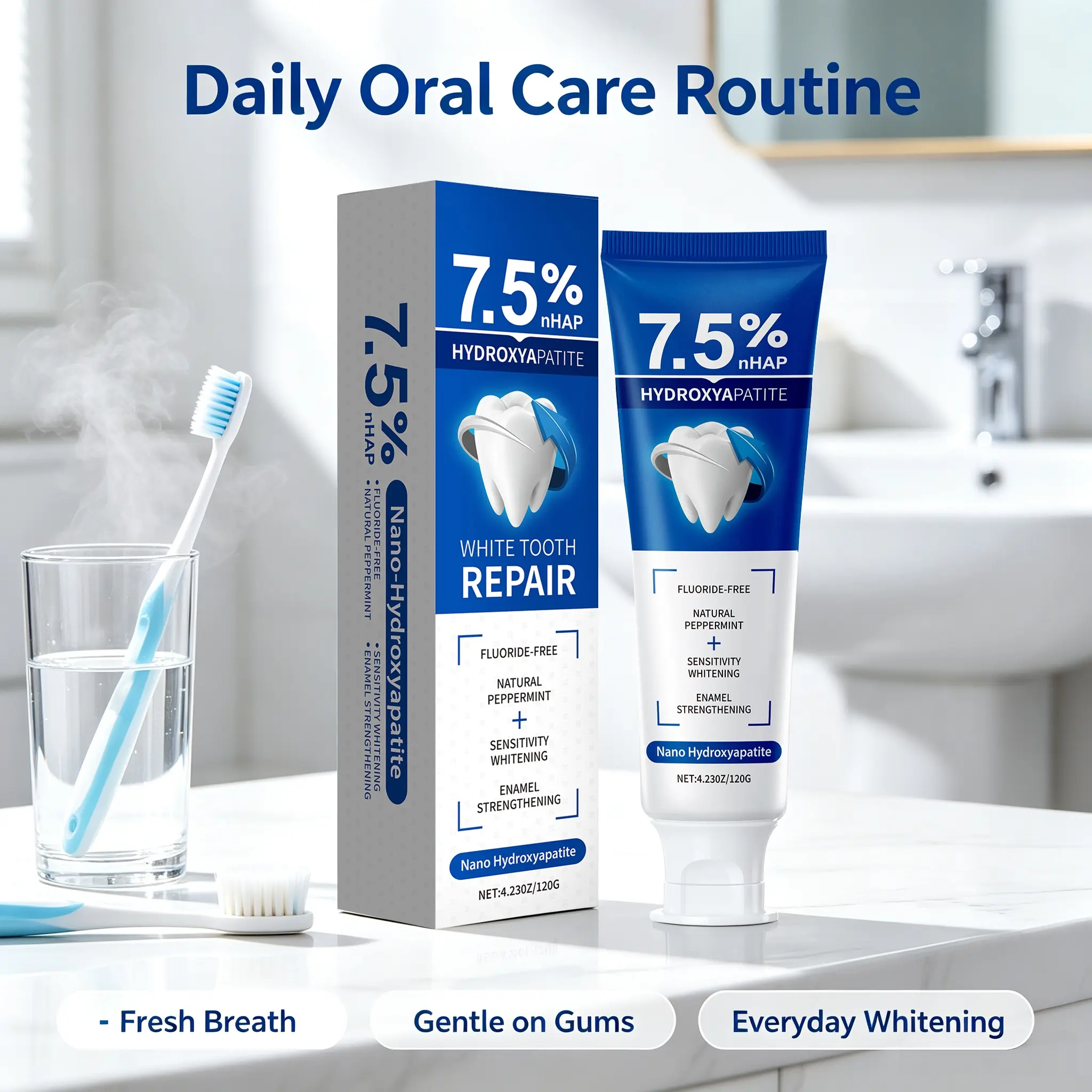 Fluoride-Free Hydroxyapatite Peppermint Oral Toothpaste - 120g, Strengthens Enamel, Protects Gums, Freshens Breath, Ideal for Sensitive Teeth