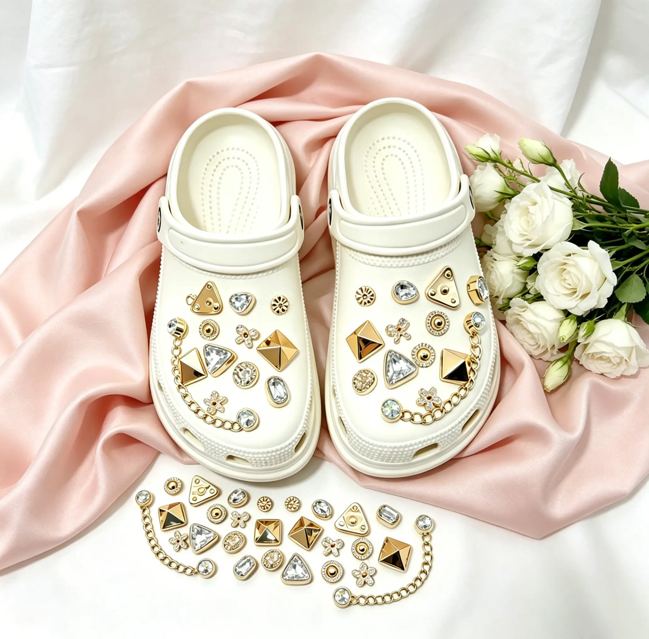 26 Pcs Lightweight Bling Rhinestone Golden Chain Shoe Charms for Crocs, Sparkly Girly DIY Shoe Jewel Decorations, Trendy Clog Accessories, Ideal Party Favors for Christmas, Thanksgiving, Valentine's Day Gifts for Best Friends