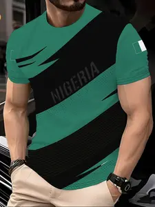 Men's Nigeria Theme Flag Letter Print Short Sleeve T-Shirt, Summer Casual Fitted Top, All Seasons Wear, Long Clothing