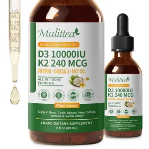Organic Vitamin D3 K2 Liquid w/ Vegan Omega-3 & Coconut MCT Oil, 10000 IU - Maximum Strength Vitamin D Supplement, No Fillers, Non-GMO K2 as MK7 for Bones, Muscles & High Absorption-2 Fl Oz