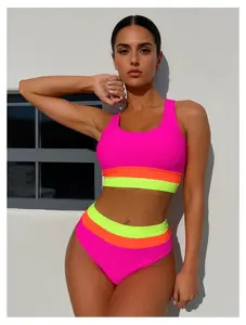Peach Bikini Set for Women High Waist - Triangle Swimsuit with Back Crisscross & Belt - Bathing Suit for Beach, Pool, Vacation - S, M, L