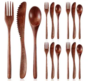 15 Pcs Wooden Utensils for Eating Wooden Spoon Fork Knife Cutlery Set Kitchen Wood Dinner Flatware Tableware Set Includes Spoon, Fork, Knife tiktokshopspringglowup
