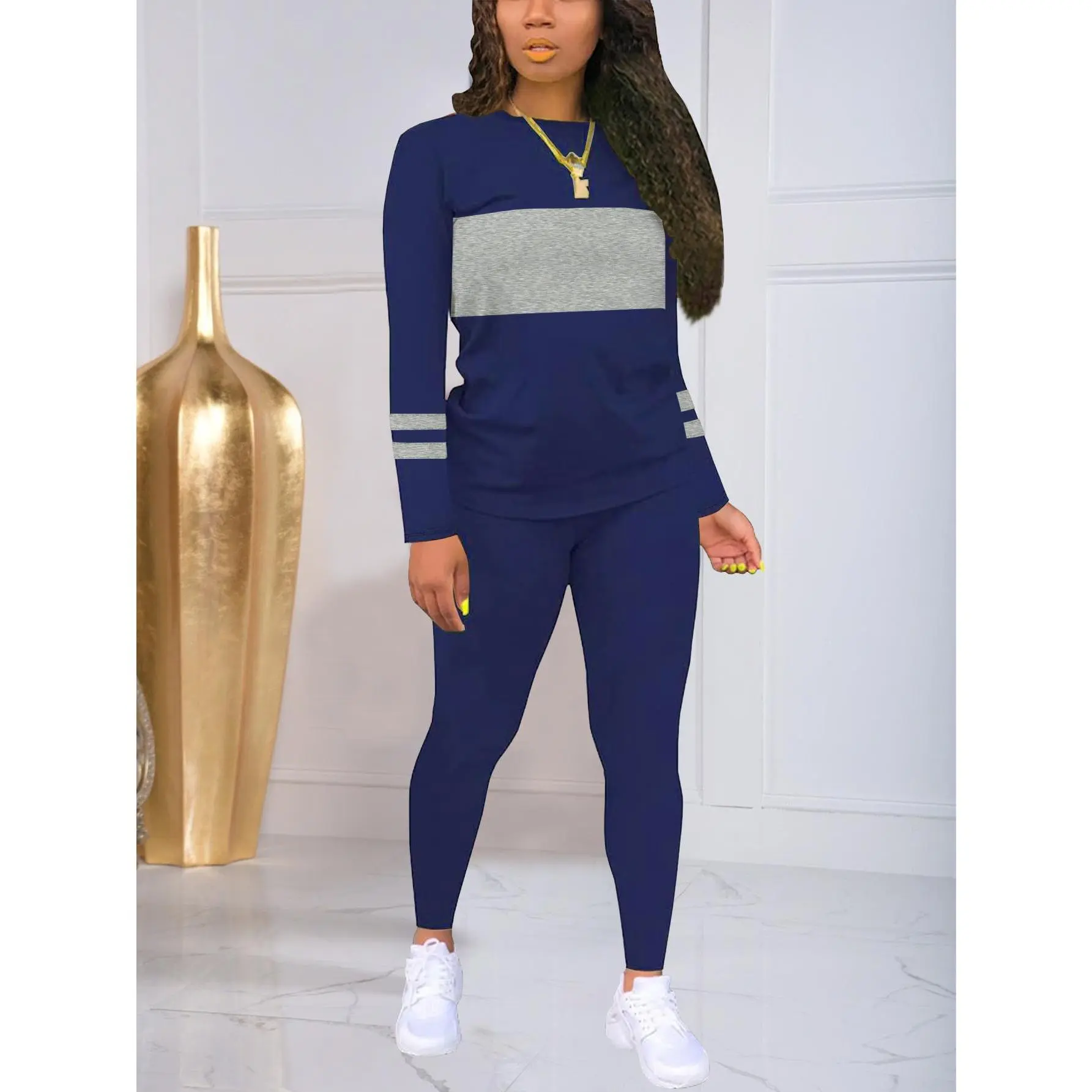 AUXDIO Women's 2-Piece Colorblock Tracksuit Set Long Sleeve Top & Slim Pants Trendy Casual Outfit for Streetwear Everyday Comfort Sporty High Stretch Breathable Clothes Clothes Womenswear Bodycon Comfy Elastic Navy Polyester Red Solid Trouser