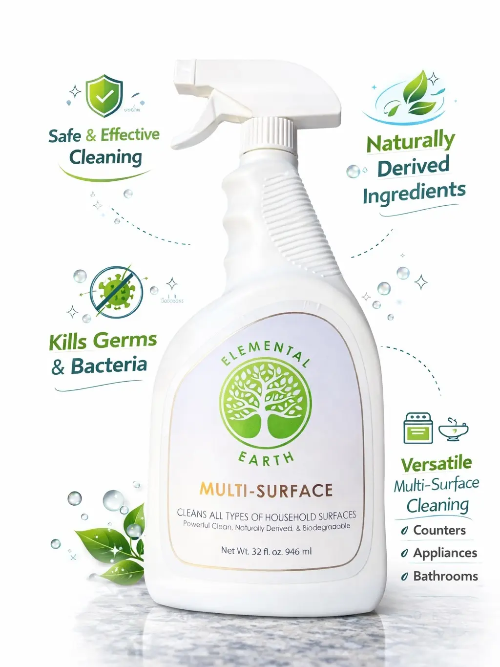 Elemental Earth Multi-Surface Cleaner - Natural Gentle Clean for All Rooms - 32 fl oz - Safe for Sensitive Skin & Allergies - Non-Porous Surfaces