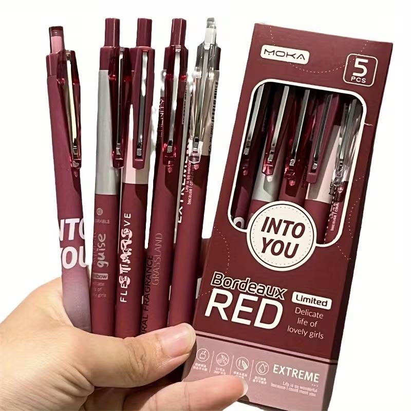 5-Pack Vintage Bordeaux Red 0.5mm Gel Pens come with smooth black ink that provides consistent, skip-free writing for clear, neat handwriting in office and daily use