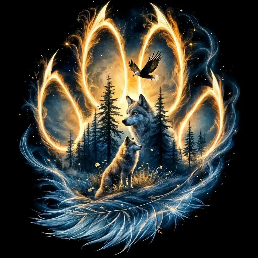 Wolf Paw Print Eagle Forest 5D Full Drill Diamond Painting Kit Mystical Design, Diamond Pattern Design, with Flame and Star Accents Wild Fantasy Art Style DIY Art for Home Decor Gift for Wildlife Art Fans and Craft Enthusiasts, Diamond Art Mosaic