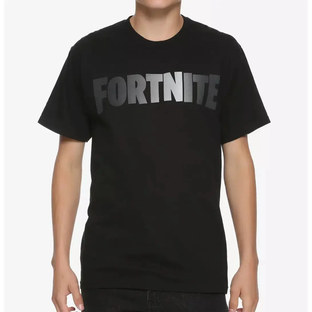 Men's Black Cotton T-Shirt with Fortnite Greyscale Logo, Casual Short Sleeve Round Neck Graphic Print, Shortsleeve, Menswear, Greyscale Print, Tshirt