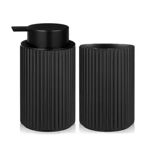 Hand Foaming Soap Dispenser Bottle with Toothbrush Toothpaste Holder Morden Stripe Design Black Bomboo Pump Liquid Dispenser