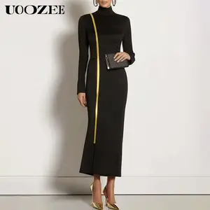 UOOZEE Lady's Nylon Turtleneck Maxi Dress - Women's Spandex, Minimalist Chic, Autumn Gold Webbing, Long Sleeve, Slim-Fit, Lightweight, Black Bodycon, Elegant Evening Outfits (Sizing Runs Small - Check Size Guide or Order Larger), Comfortable