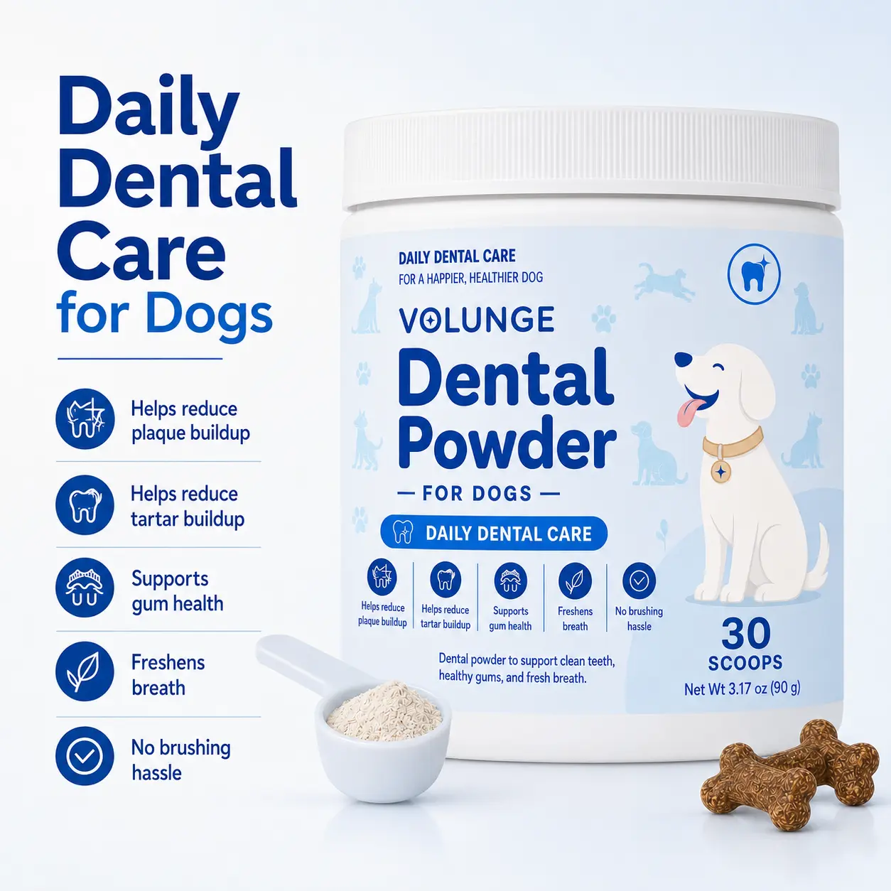 Dog Dental Powder Supplement, Daily Oral Care Food Topper for Dogs, Teeth & Gum Support Powder with Fresh Breath Care, 30 Scoops