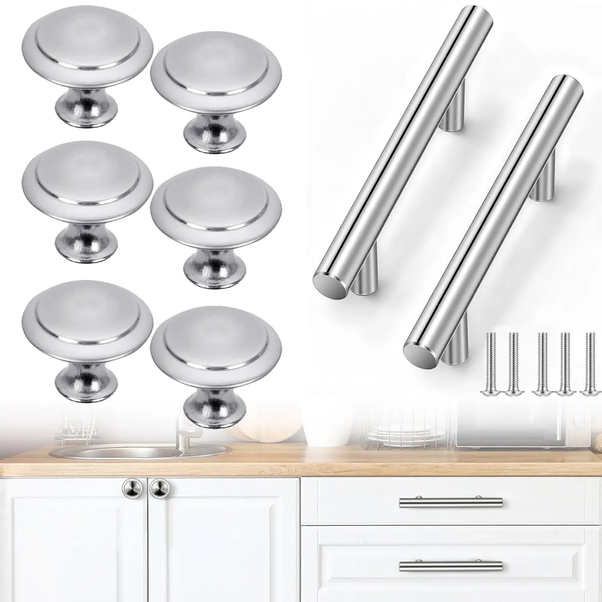 20PCS Cabinet Pulls and Cabinet Knobs （10pcs Stainless Steel 6Inch Kitchen Drawer Pulls + 10pcs 27mm Drawer Knobs） with Installation Screws for Dressers Kitchens Cupboard (Silver)
