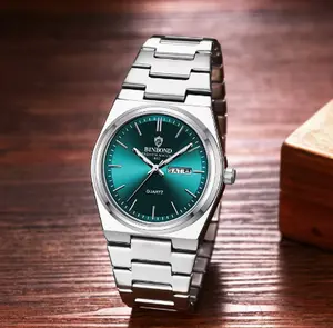 Men's Luxury Stainless Steel Watch with Luminous Green-Turquoise Dial