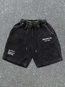 Men's printed shorts, letter print design, retro, fashionable, casual, nostalgic, washed and distressed drawstring shorts, Casual Streetwear Shorts