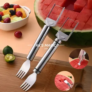 【2 Pack】Watermelon Fork Slicer,Watermelon Slicer Cutter,Watermelon Cube Cutting Tool, 2-in-1 Stainless Steel Fruit Cutter, Dual Head Fruit Forks Slicer Knife with Round Handle,Fruit Cutting Kitchen Utensils,Kitchen Gadgets,Portable Modern