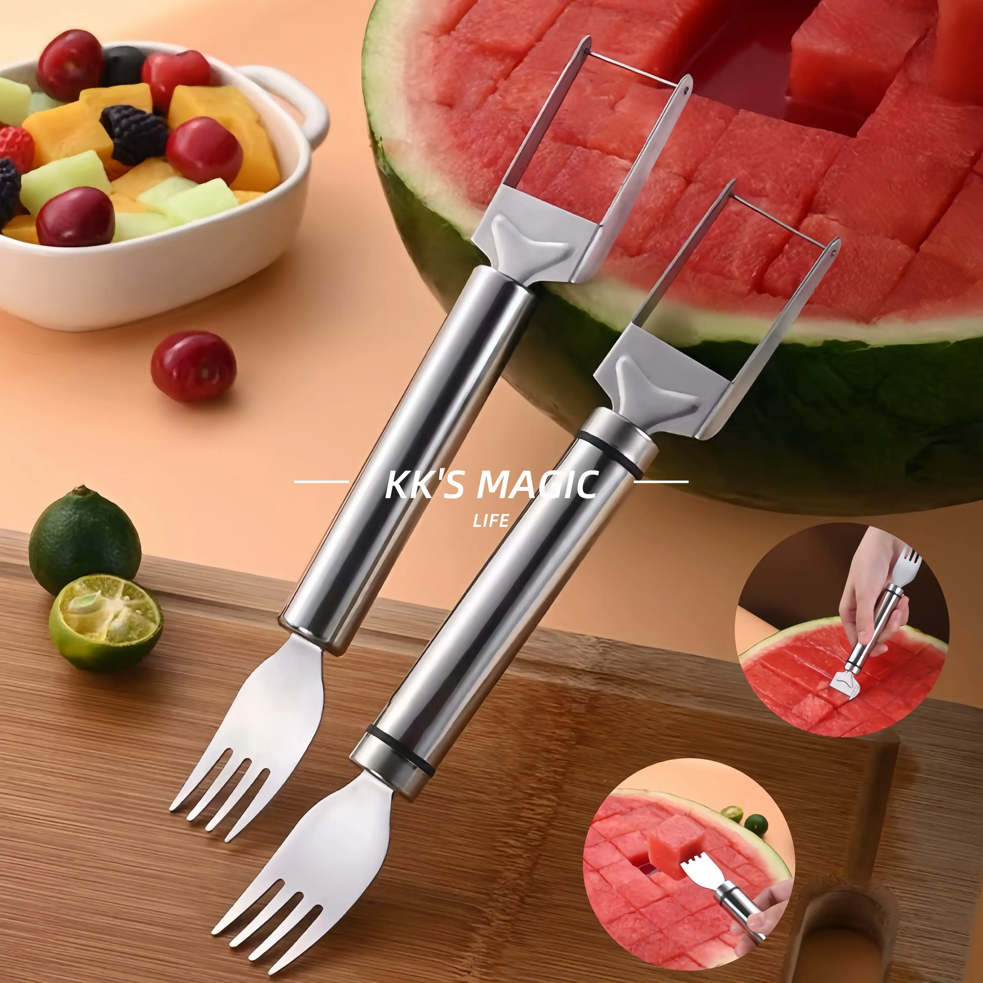 【2 Pack】Watermelon Fork Slicer,Watermelon Slicer Cutter,Watermelon Cube Cutting Tool, 2-in-1 Stainless Steel Fruit Cutter, Dual Head Fruit Forks Slice