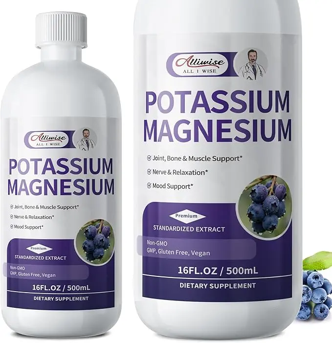 Alliwise Potassium Magnesium Supplement Liquid-High Absorption Calm Magnesium&Potassium Drops Sugar-Free Plus Ginger,Turmeric,Black Pepper for Muscle,Leg Cramps,Bone & Energy & Immune Support - 16 Fl oz