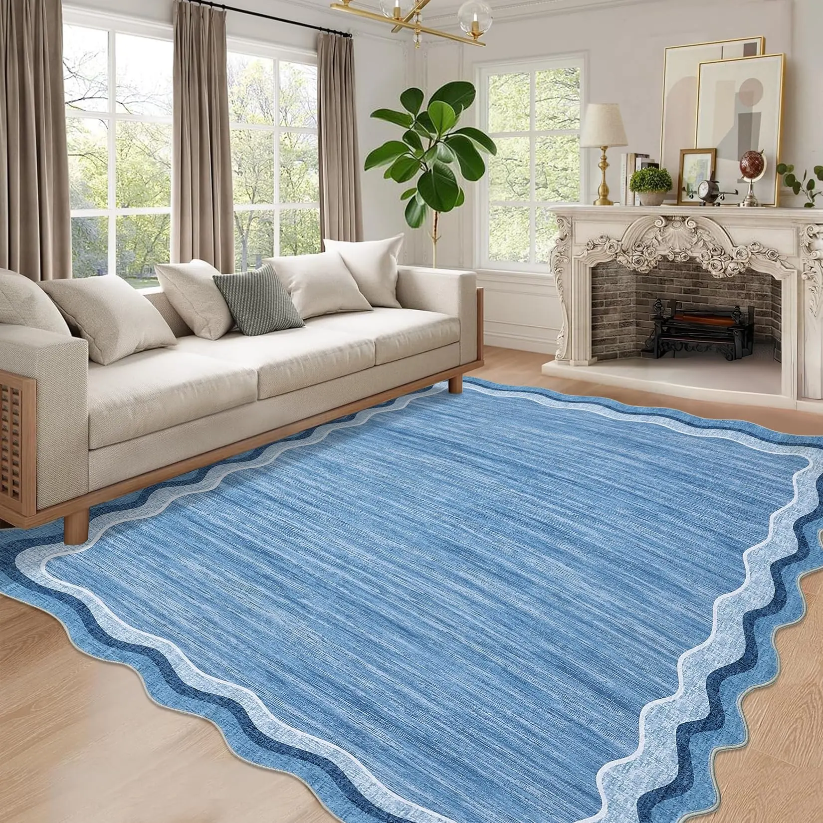 Garvee 10x13 Large Area Rug for Living Room - Machine Washable, Modern Scalloped Design, Non-Slip, Non-Shedding, Solid Blue Color, Stain Resistant, Low Pile Carpet Mat for Bedroom and Nursery
