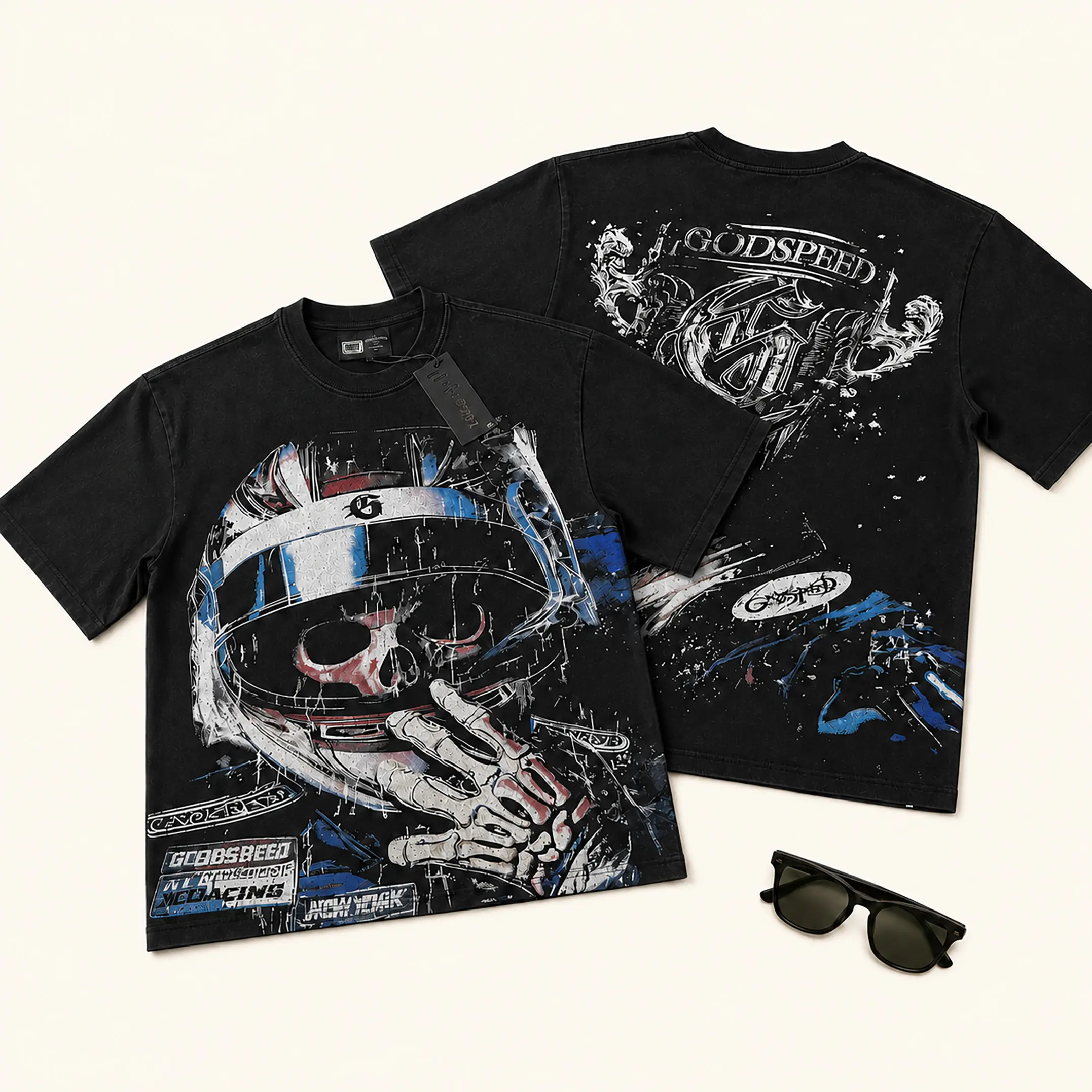 Space Godspeed Skeleton Warrior Graphic T Shirt Cotton Crew Neck Short Sleeve Tee Y2K Streetwear Vintage Hip Hop Oversized Racing Skull Front Back Print Casual Summer Daily Wear Party Festival Outfit Men Women Unisex Teens Adults