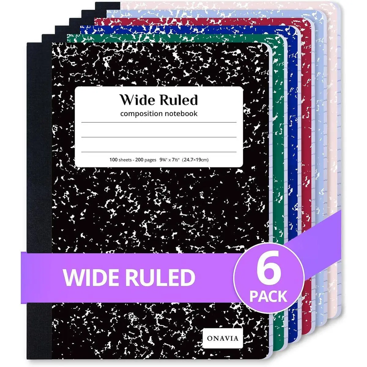 ONAVIA Composition Notebook Wide Ruled 6 Pack, 200 Pages, Assorted | 100 ct, 9.75 x 7.5 in, Wide Ruled Composition Notebook, Durable Comp Book, School Notebooks, Note Taking, Students