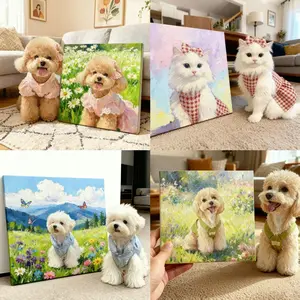 Custom Pet Portrait 12"x 12" Oil Painting Present Canvas Prints with Your Lovely Dog & Cat Wall Hanging Decor Art Gift Personalized Artwork for Pets Unique Memorial for Beloved Pets