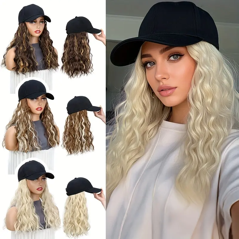 Female Heat-Resistant Black Synthetic Full Machine Wig - Long Curly Wave Hair Extensions, Adjustable Baseball-Design Cap, Suitable for Daily/Wedding Wear