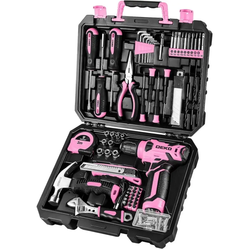 Drill Set, Home Tool Set with 8V Pink Cordless Drill, Hand Tool Kit for Women, 126 pcs Drill Set, Home Tool Set with 8V Pink Cordless Drill, Hand Tool Kit for Women, 126 pcs