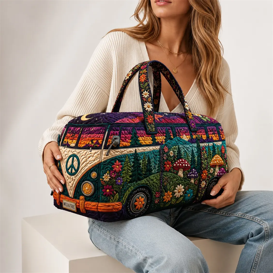 Retro Hippie Van Quilted Duffel Bag for Women, Boho Forest Mushroom Weekender Travel Bag, Large Capacity Overnight Carry On Tote for Camping, Road Trips, Gym, Vacation & Weekend Getaways