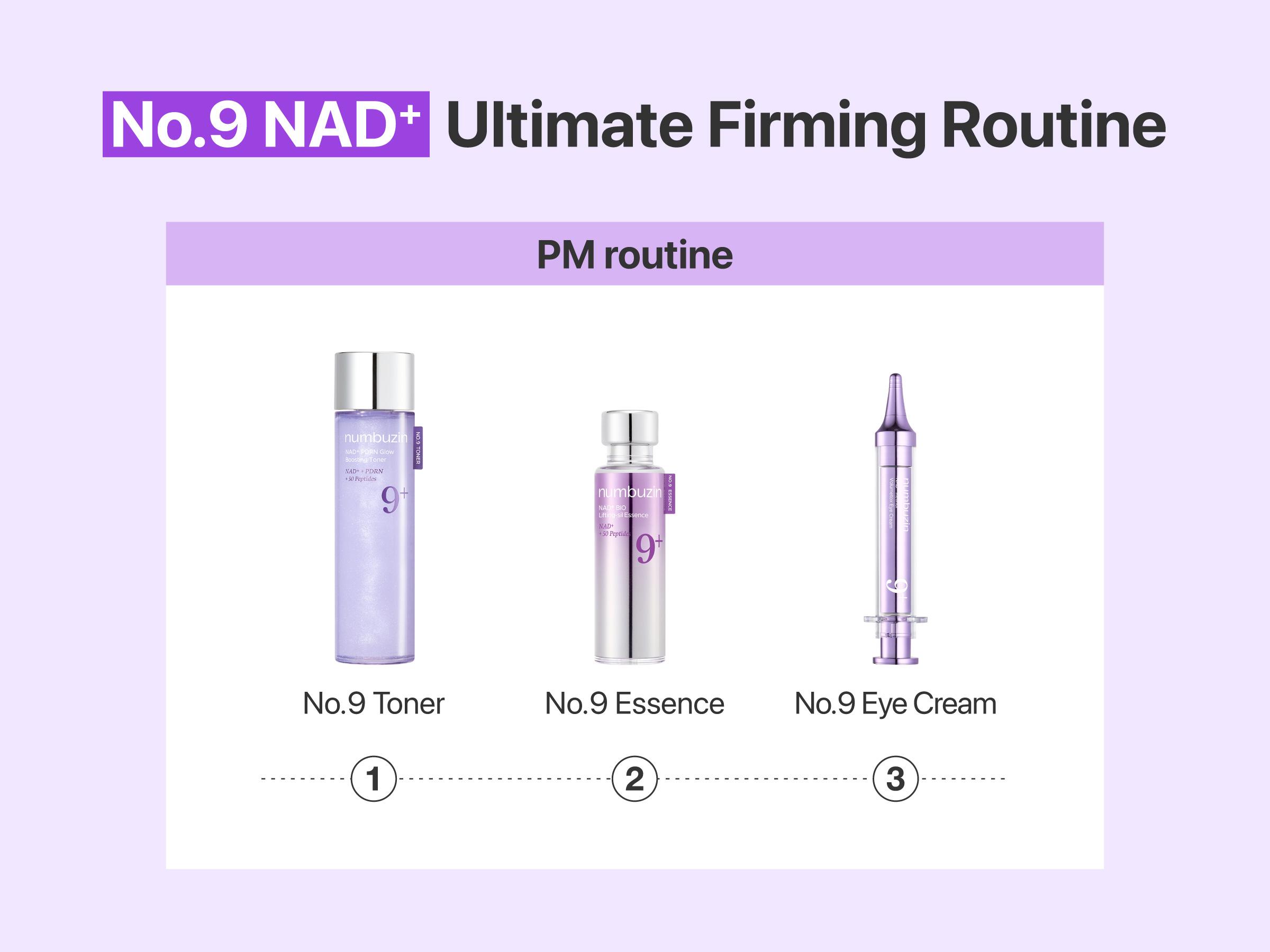 [numbuzin Official] No.9 Ultimate NAD+ Routine Set | No.9 Toner + Essence + Eye Cream + Under Eye Patches + Full-face Mask + Sunscreen | Firming, Wrinkles, Fine Lines, Anti-aging | NAD+, Peptides based | 9 to 9 Skincare Routine