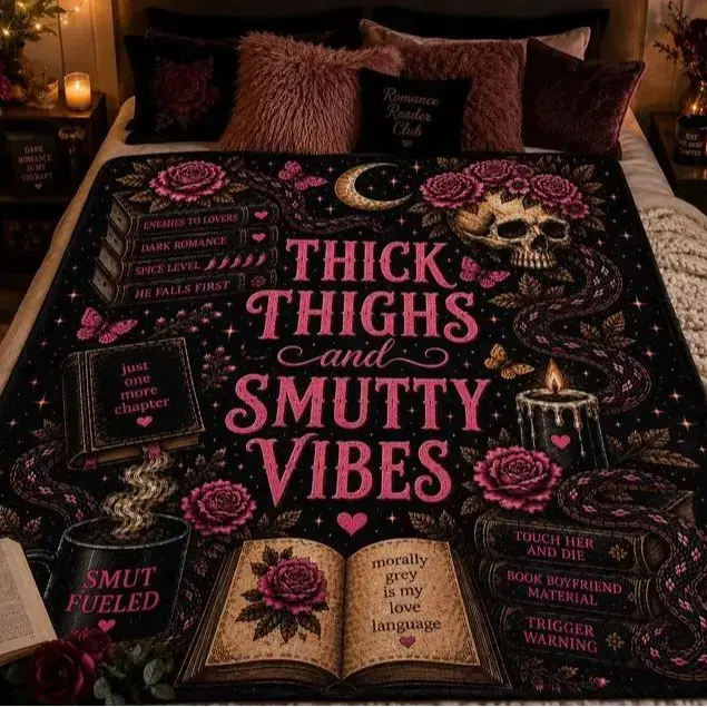 Soft Funny Throw Blanket Thick Thighs and Smutty Vibes Sherpa Blanket, Book Lover Gift, Dark Romance Reading Blanket Badass Alternative Fashion Fans Bold edgy design for goth Harajuku, Gift Blanket Decor Christmas and Halloween and Birthday