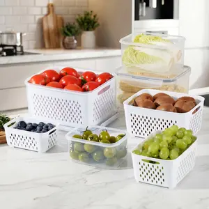 4 Pack Fridge Organizers and Storage - Stackable Fruit Storage Containers for Fridge with Removable Colander, BPA-Free Food Storage Container for Salad Berry Lettuce Vegetables Meat Keeper Fresh