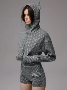 Women's Polka Dot Cat Ear Hoodie Cropped Zip Up – Kawaii Streetwear Jacket with Black, Gray