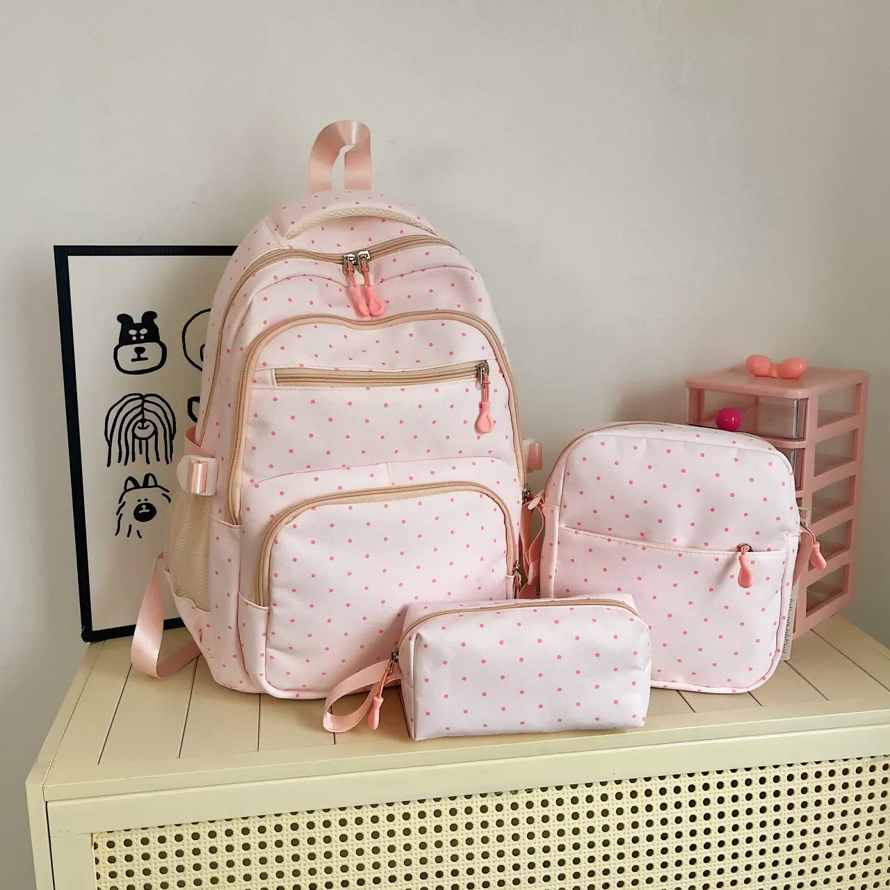3pcs Ladies' backpack, large capacitySummer salebackpack, Casual Backpack, Polka Dot Backpack, zipperclosure, free pendant, fashionable and versatile, suitablefor students, campus, commuting, shopping, ladies'backpack, Trendy Backpack