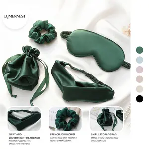 KatchMe LUMENNEST Women's Silk 4PCS Solid Color Sleeping Set, Comfort Satin Eye Mask Headband Scrunchies with Storage Bag Portable 4 Pieces Set