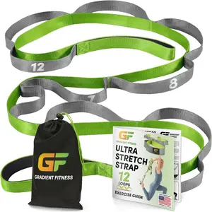 Gradient Fitness Stretching Strap Standard Grip 1 Inch x 8 Feet - 12 Multi Loop Non Elastic Nylon Stretch Band with Neoprene Handles, Storage Bag and 12 Exercise Poster - Multiple Color Options