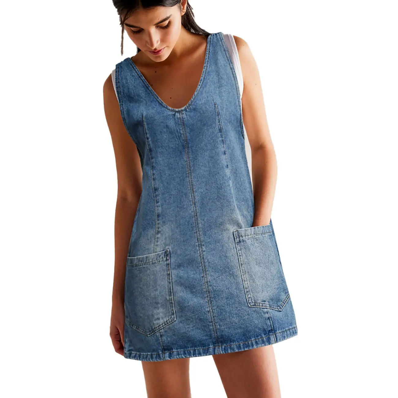 BerryGo Women's Denim V Neck Sleeveless Overall Dress Casual Mini Pinafore Dress Short Jumper Jeans Dress with Pocket