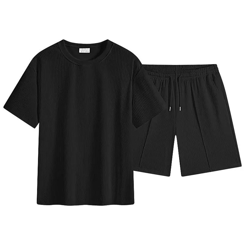 Men’s Classic Soft 2-Piece Casual Athletic Clothes Set - Menswear Top: Textured Crewneck T-Shirt, Drawstring Pockets Shorts (Polyester) for Casual Vacations, Streetwear Outings #SummerVibes, Simple