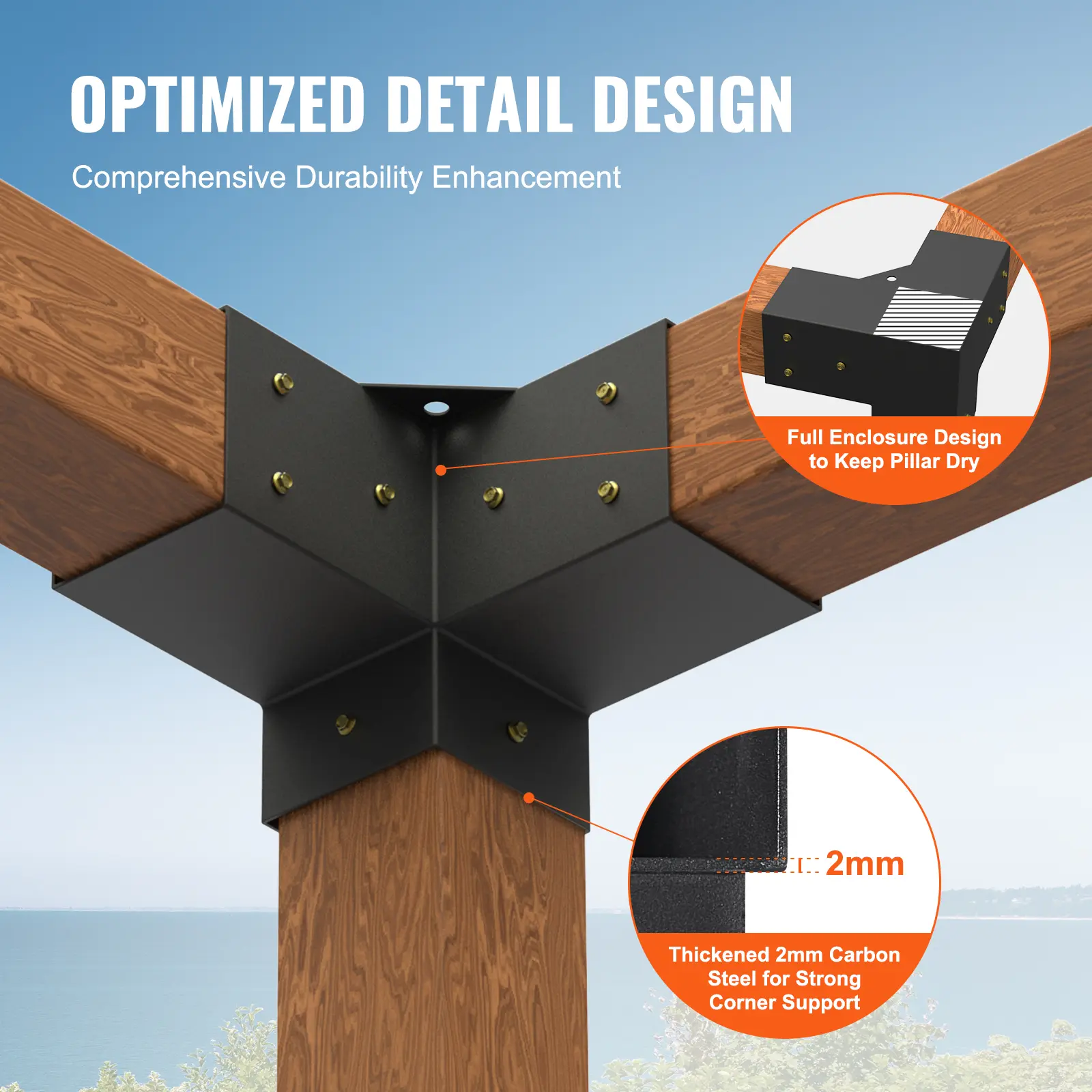 【summerfinds】VEVOR Pergola Bracket Kit 4''x4''(Inner Size 3.6x3.6), 4pcs 3-Way Heavy Duty Corner Bracket Woodworks DIY Post Base Kit, Easy Installation Wooden Beams for Gazebos, Patio Pergolas, Log Cabin Outdoor, Sturdy Bracket