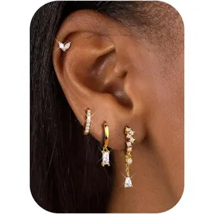 Small Gold Dangle Earrings for Women - Hypoallergenic 14K Gold Plated Huggie Hoop Earring Studs Stack Set Dainty Drop CZ Pearl Surgical Stainless Steel Jewelry with Charm