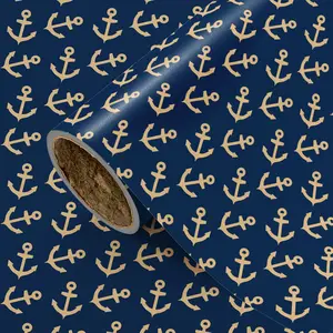 Navy Ship Anchor Gift Wrapping Paper, Dark Blue Base Anchor Pattern, 43cmx300cm, Ideal for Birthday, Father's Day, Party Decor, DIY Crafts