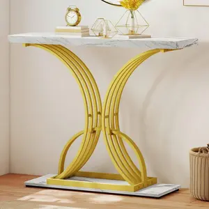 Modern Entryway Table - White And Gold, Rectangular With Faux Marble Top & Metal Frame, Thickened MDF Top (Water/Scratch-Resistant, Easy Clean), C-Shaped Sturdy Legs, Anti-Scratch Foot Pads, Adjustable Feet
