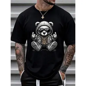 Men's Casual Cartoon Bear Print Round Neck Short Sleeve T-Shirt, Summer