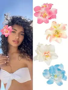 4pcs-1set-Hawaiian-Flower-Hair-Clips, Floral Hair Clips, Women-Artificial-Tropical-Flower-Hibiscus-Hair-Claws-For-Beach-Holiday-Party-Boho-Style-Solid-Color-For-Daily-Casual
