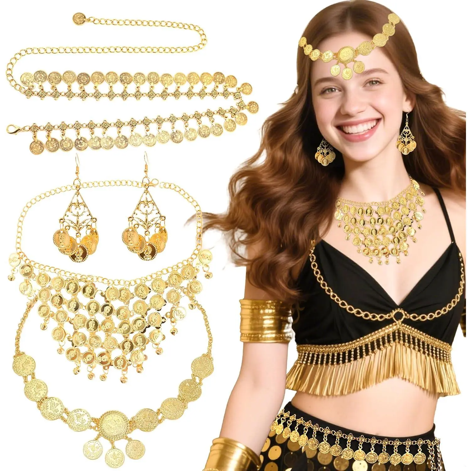 Egyptian Costume Accessories Golden Hair Clips Egyptian Headpiece Golden Necklace Halloween Costumes Cleopatra Party Decoration
